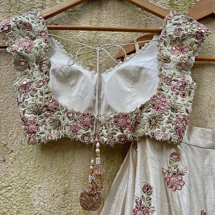 Ivory and pink thread and mirror work lehenga set Priti Sahni - Fabilicious Fashion