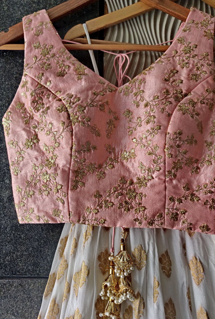 Ivory and Powder Pink Ruffle Lehenga Set Priti Sahni - Fabilicious Fashion