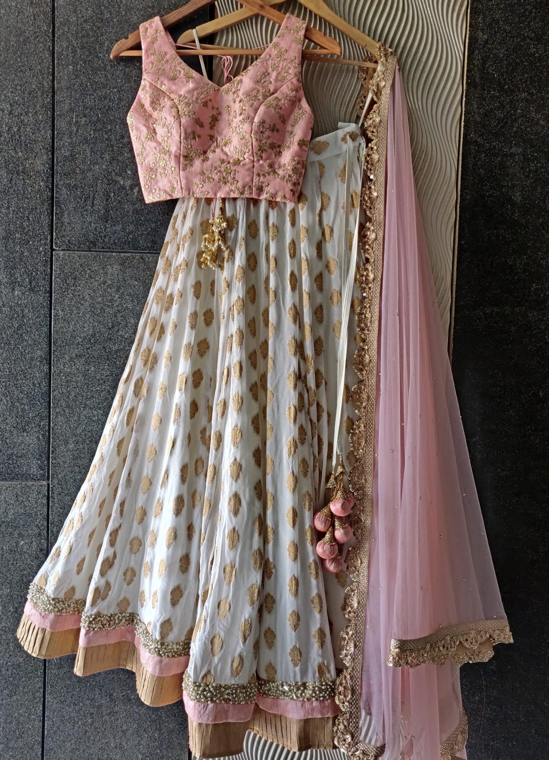 Ivory and Powder Pink Ruffle Lehenga Set Priti Sahni - Fabilicious Fashion
