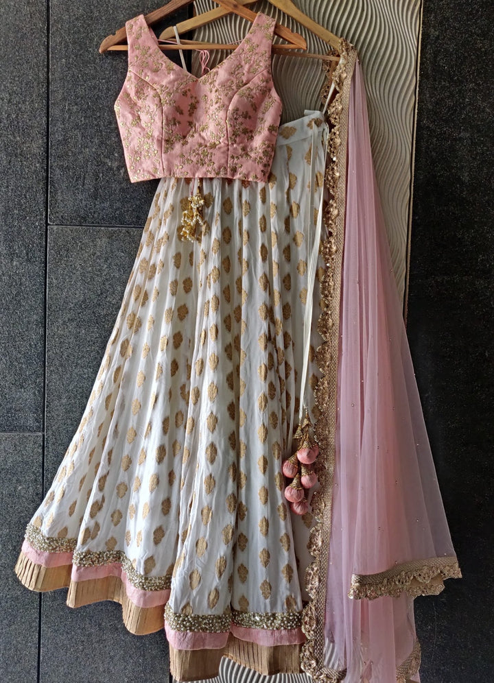 Ivory and Powder Pink Ruffle Lehenga Set Priti Sahni - Fabilicious Fashion