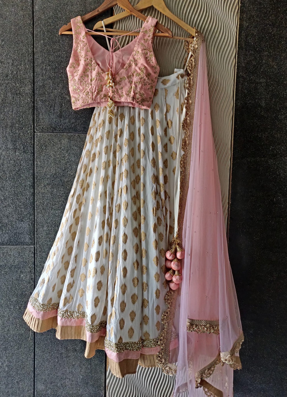 Ivory and Powder Pink Ruffle Lehenga Set Priti Sahni - Fabilicious Fashion