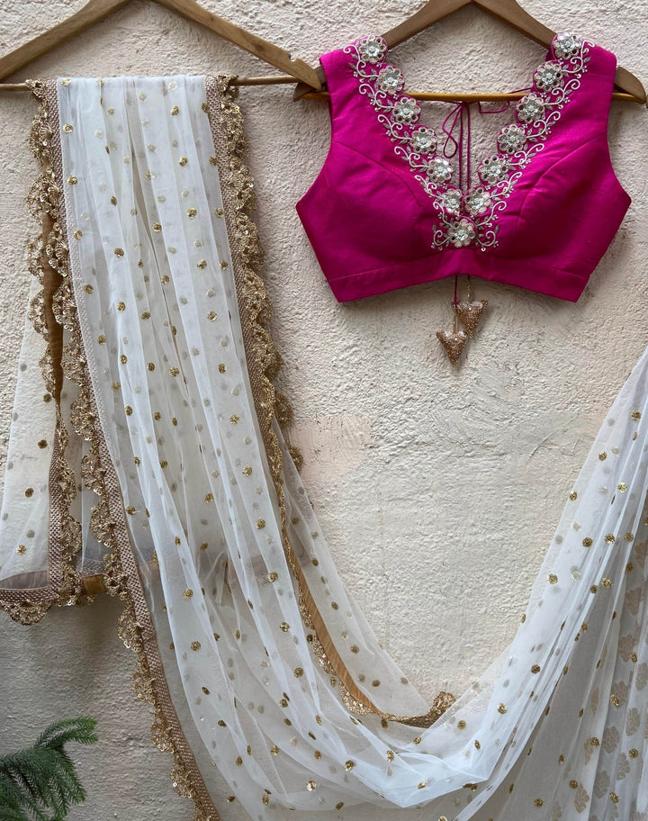 Ivory And Rani Pink Ruffle Set Priti Sahni - Fabilicious Fashion
