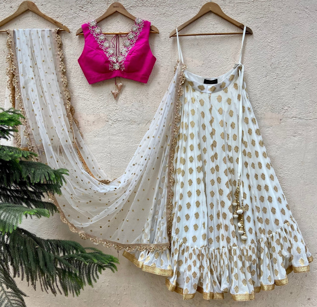 Ivory And Rani Pink Ruffle Set Priti Sahni - Fabilicious Fashion