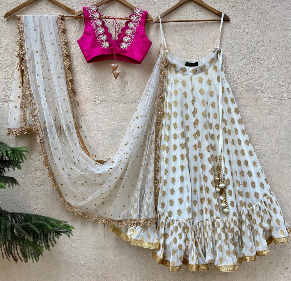 Ivory And Rani Pink Ruffle Set Priti Sahni - Fabilicious Fashion