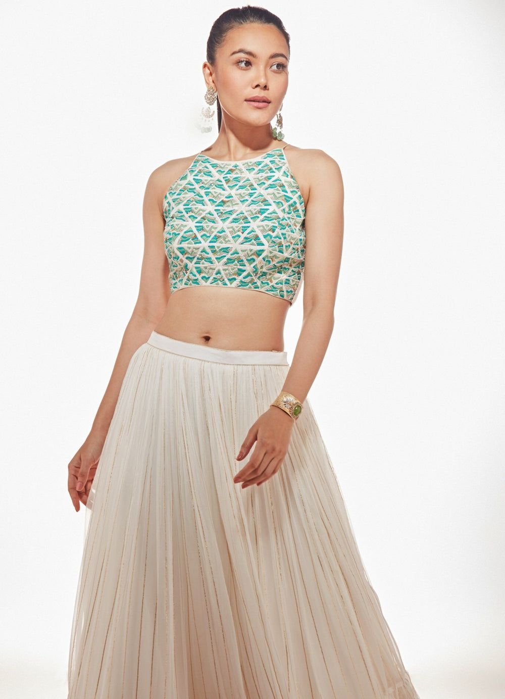 Ivory and Sea Green Erika Tiered Lehenga Set Chamee n Palak - Fabilicious Fashion