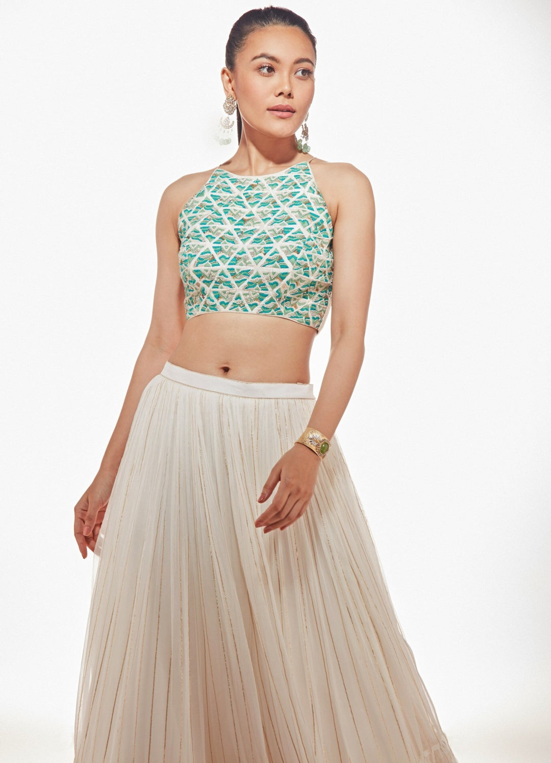 Ivory and Sea Green Erika Tiered Lehenga Set Chamee n Palak - Fabilicious Fashion