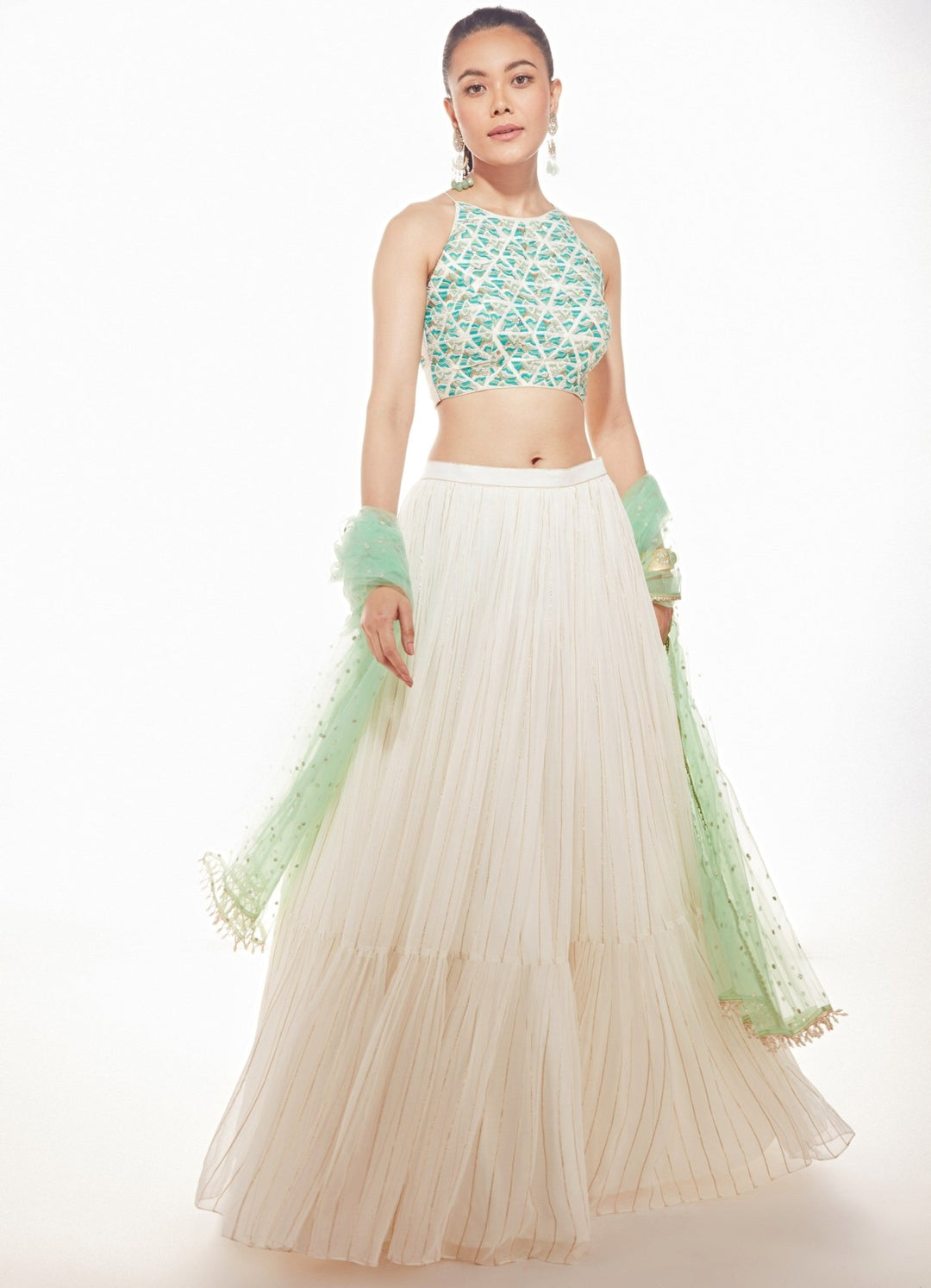 Ivory and Sea Green Erika Tiered Lehenga Set Chamee n Palak - Fabilicious Fashion