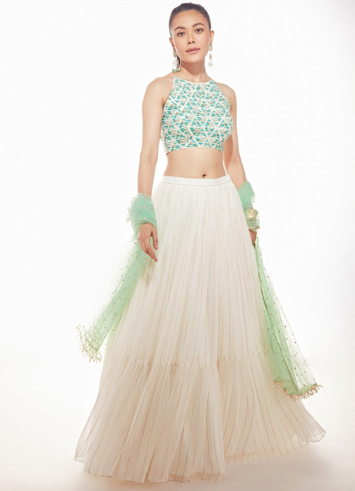 Ivory and Sea Green Erika Tiered Lehenga Set Chamee n Palak - Fabilicious Fashion