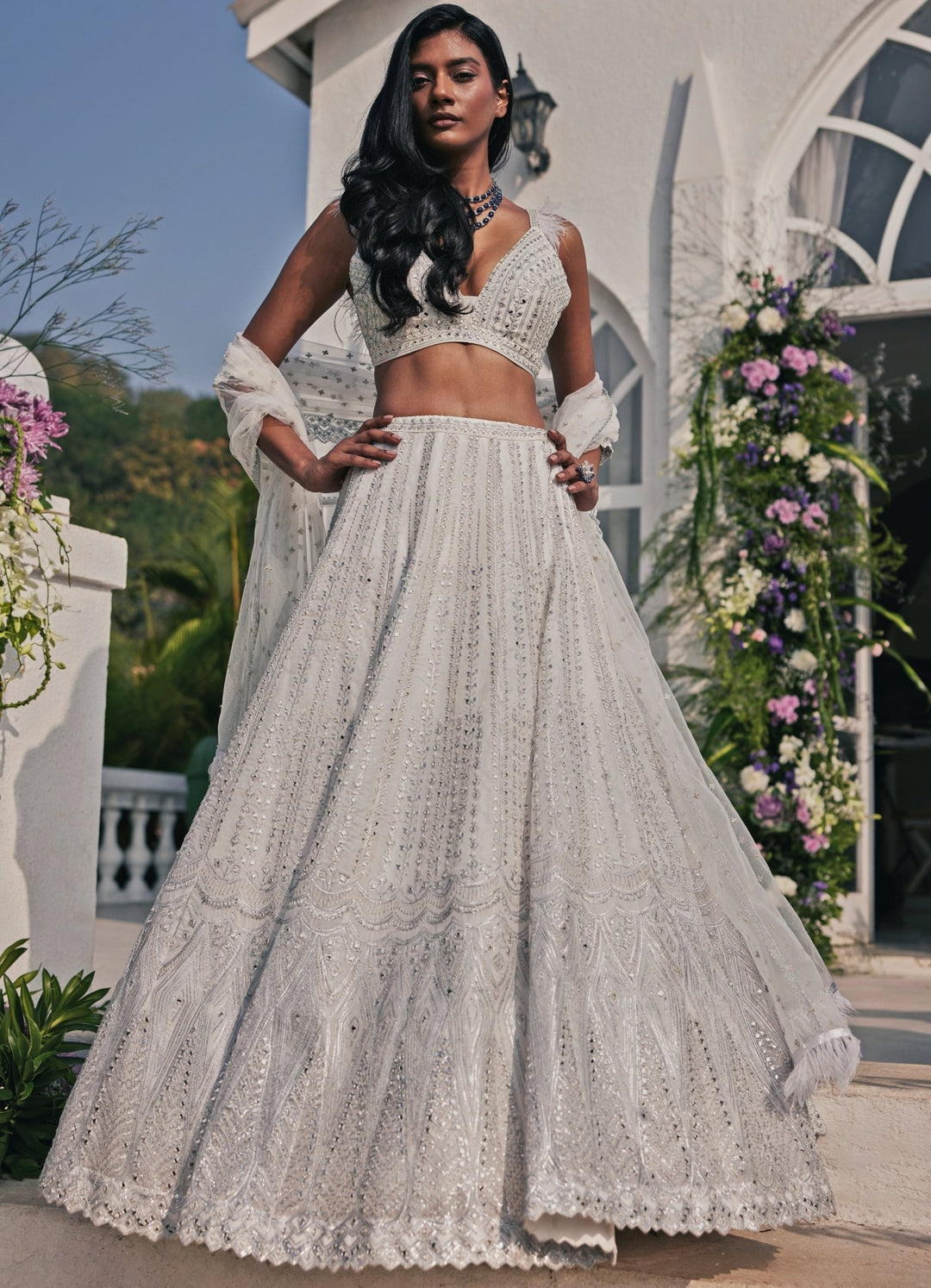 Ivory and Silver Mirror Lehenga Set Chamee and Palak - Fabilicious Fashion