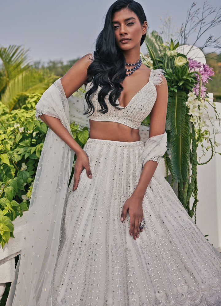Ivory and Silver Mirror Lehenga Set Chamee and Palak - Fabilicious Fashion