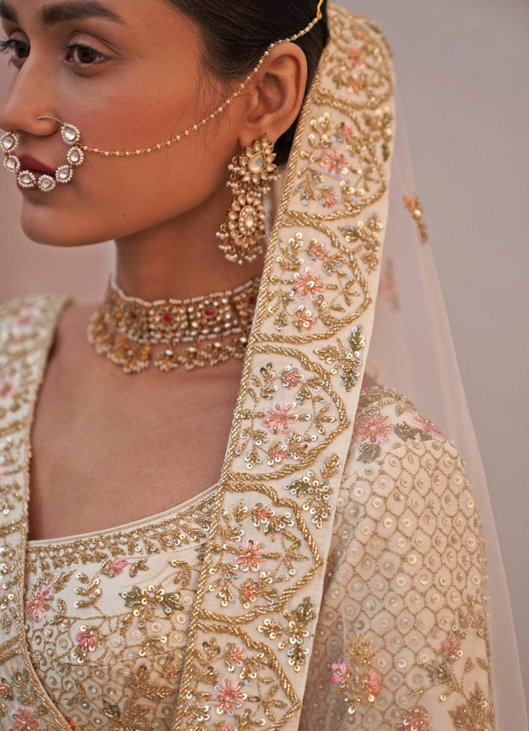Ivory and Soft Pink Floral Motifs Double Dupatta Lehenga Set Angad Singh - Fabilicious Fashion