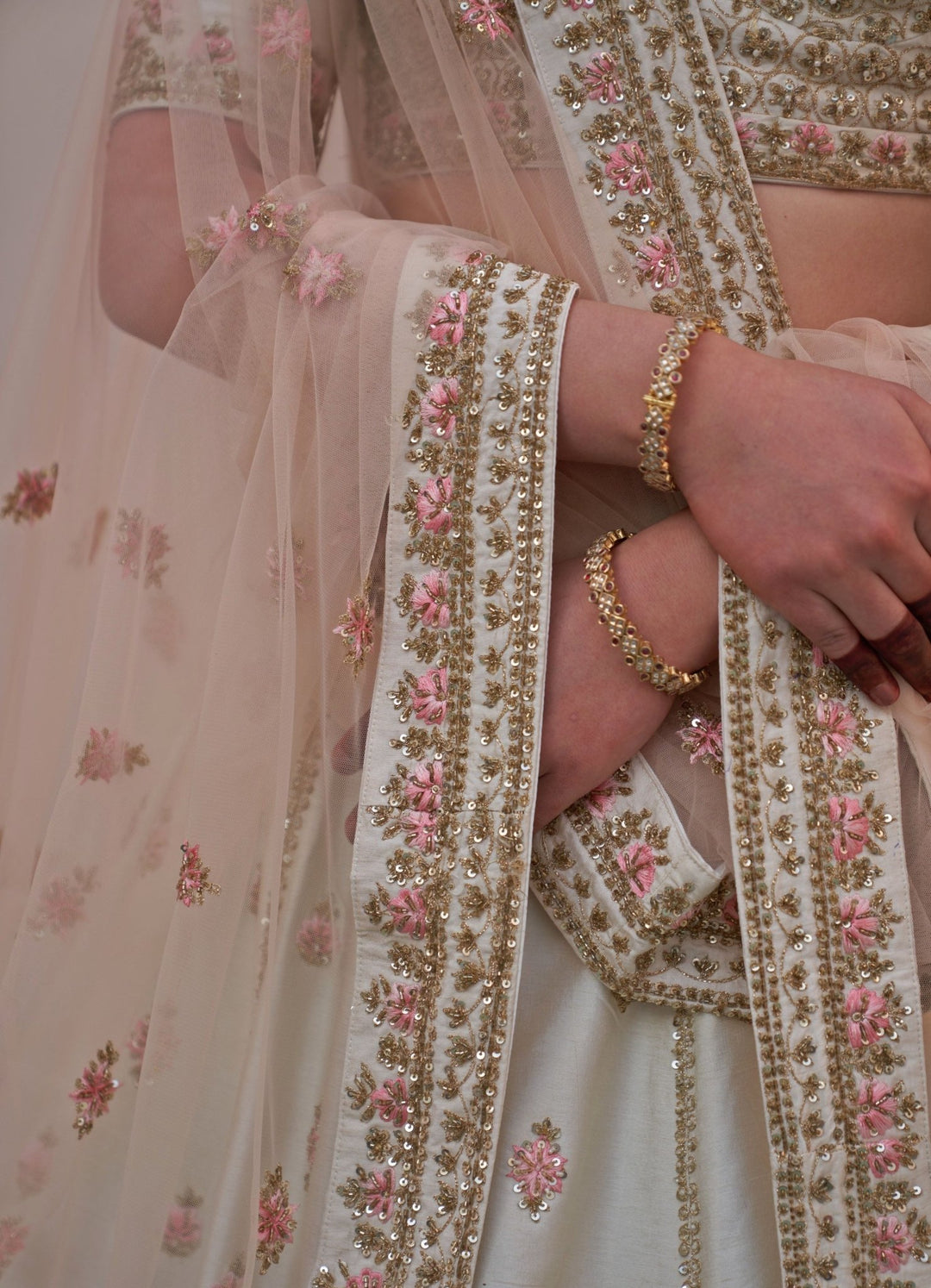 Ivory and Soft Pink Floral Motifs Double Dupatta Lehenga Set Angad Singh - Fabilicious Fashion