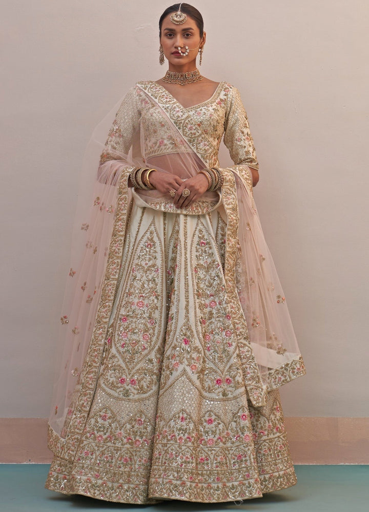 Ivory and Soft Pink Floral Motifs Double Dupatta Lehenga Set Angad Singh - Fabilicious Fashion