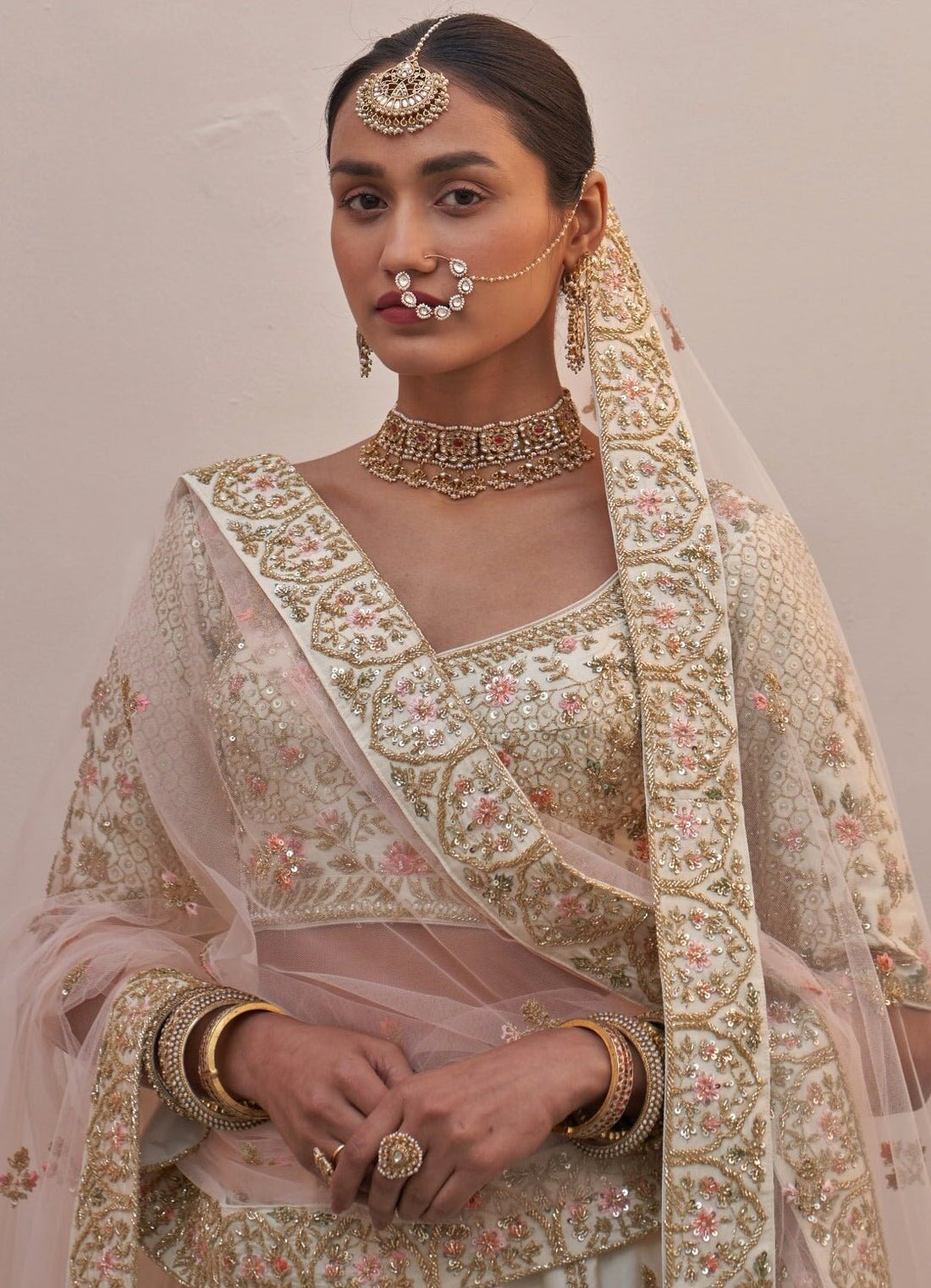 Ivory and Soft Pink Floral Motifs Double Dupatta Lehenga Set Angad Singh - Fabilicious Fashion