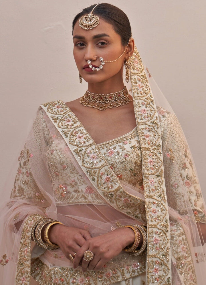 Ivory and Soft Pink Floral Motifs Double Dupatta Lehenga Set Angad Singh - Fabilicious Fashion