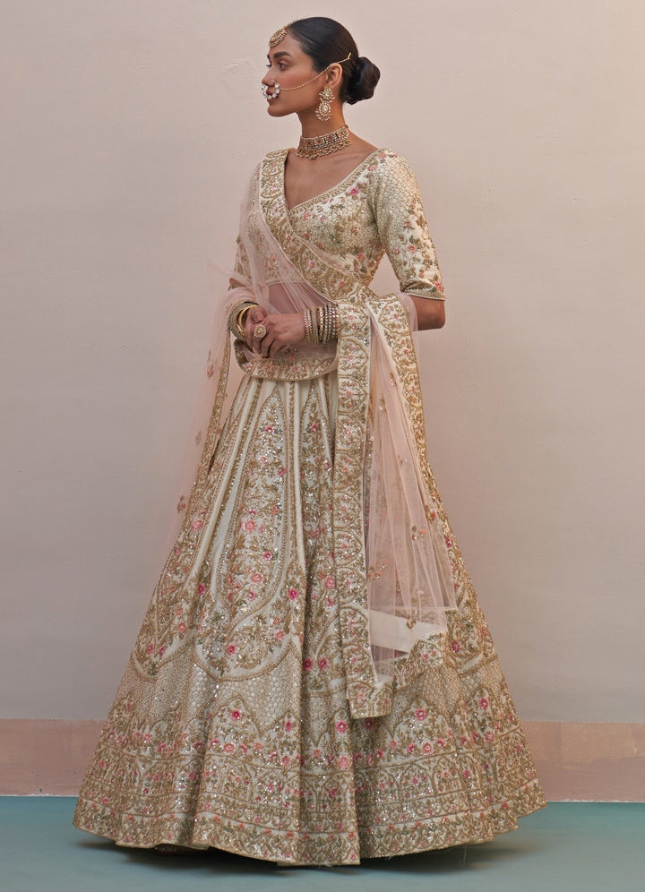 Ivory and Soft Pink Floral Motifs Double Dupatta Lehenga Set Angad Singh - Fabilicious Fashion