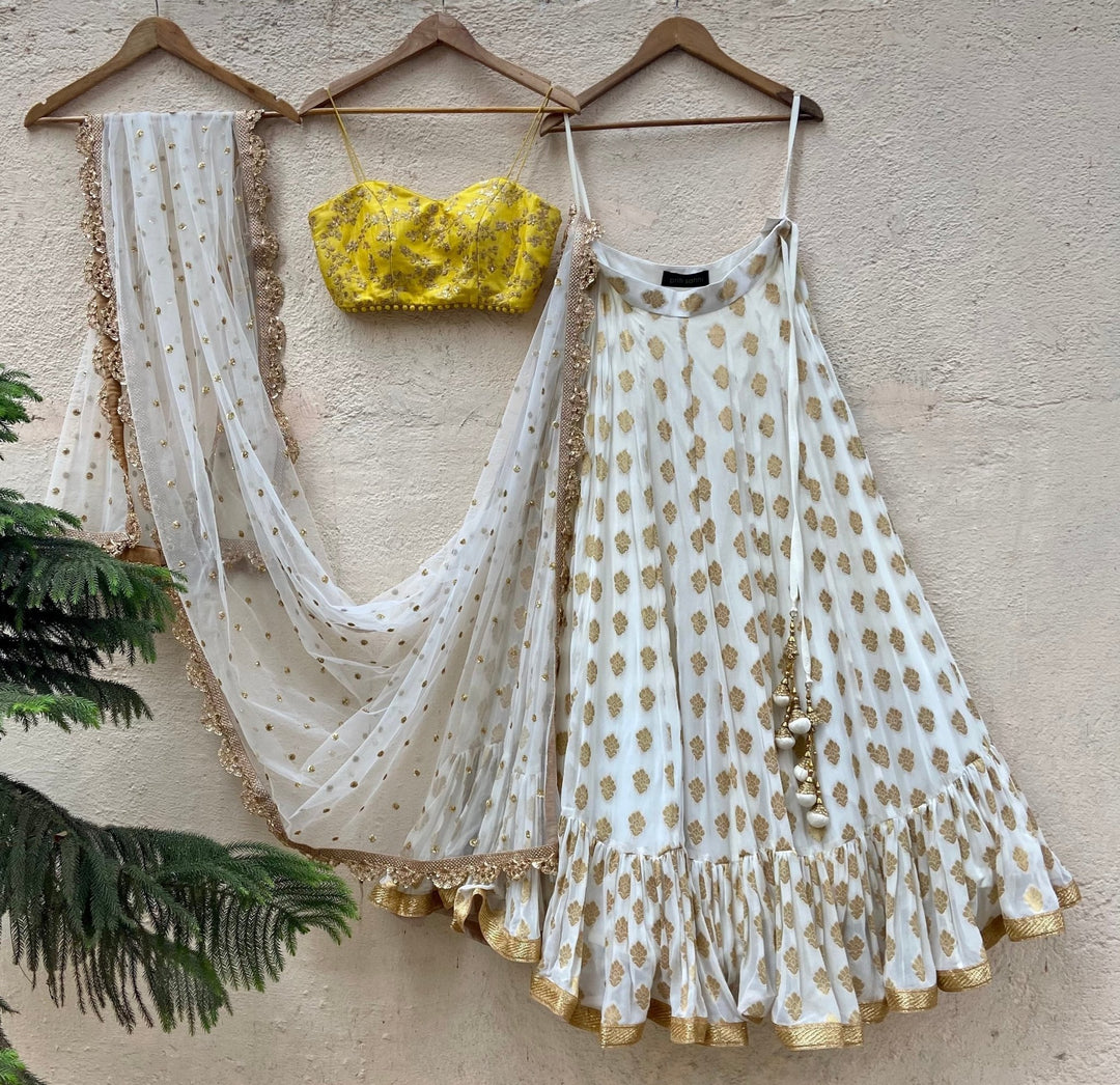 Ivory And Yellow Ruffle Lehenga Set Priti Sahni - Fabilicious Fashion