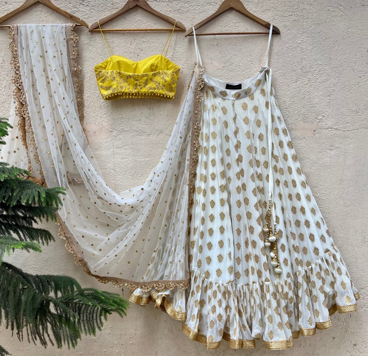Ivory And Yellow Ruffle Lehenga Set Priti Sahni - Fabilicious Fashion