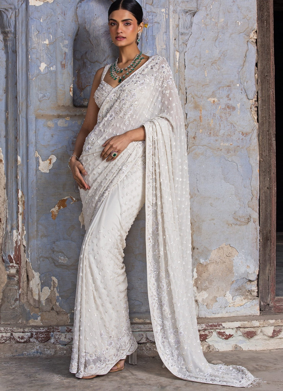 Ivory Chandani Georgette Sequinned Saree Set Nitika Gujral - Fabilicious Fashion