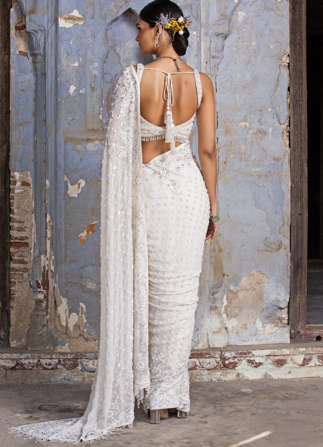 Ivory Chandani Georgette Sequinned Saree Set Nitika Gujral - Fabilicious Fashion