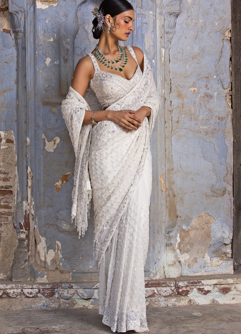 Ivory Chandani Georgette Sequinned Saree Set Nitika Gujral - Fabilicious Fashion