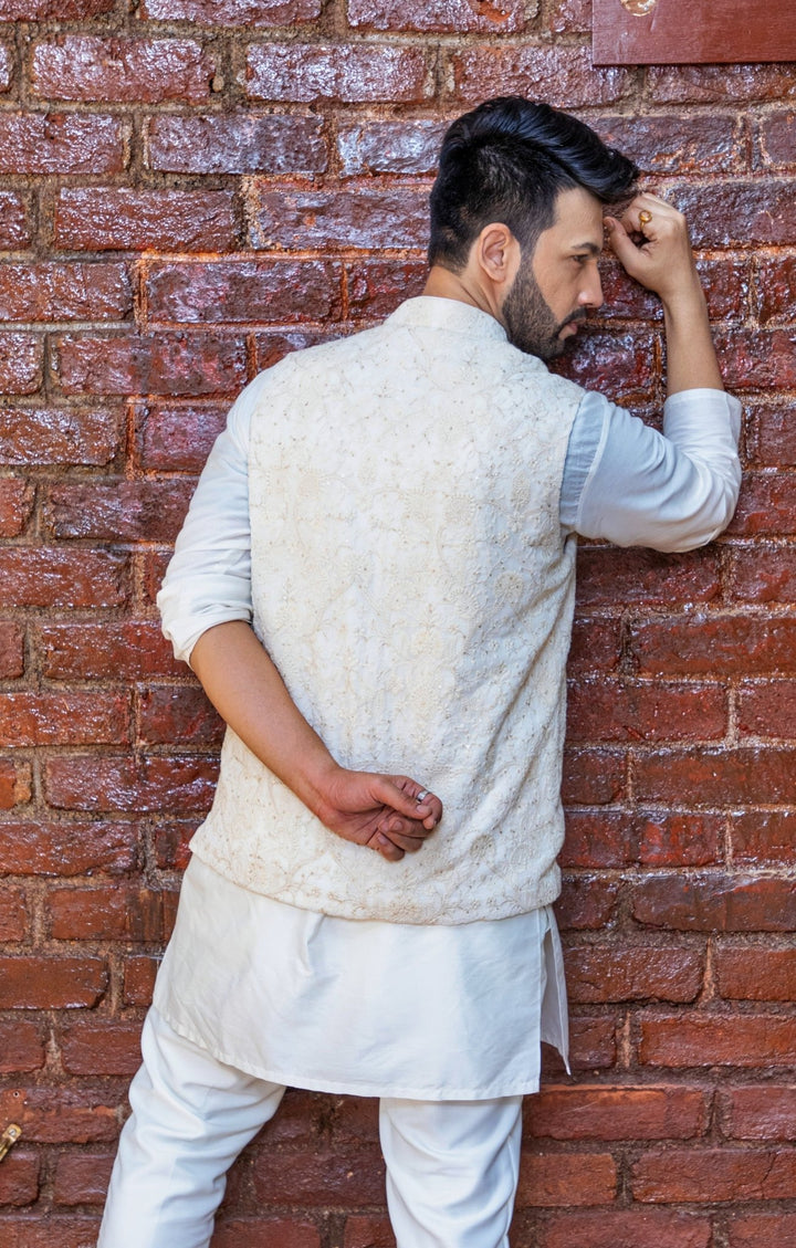 Ivory Cotton Silk Kurta And Pant Set With Vest Priti Sahni - Men - Fabilicious Fashion