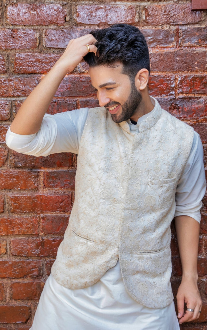 Ivory Cotton Silk Kurta And Pant Set With Vest Priti Sahni - Men - Fabilicious Fashion