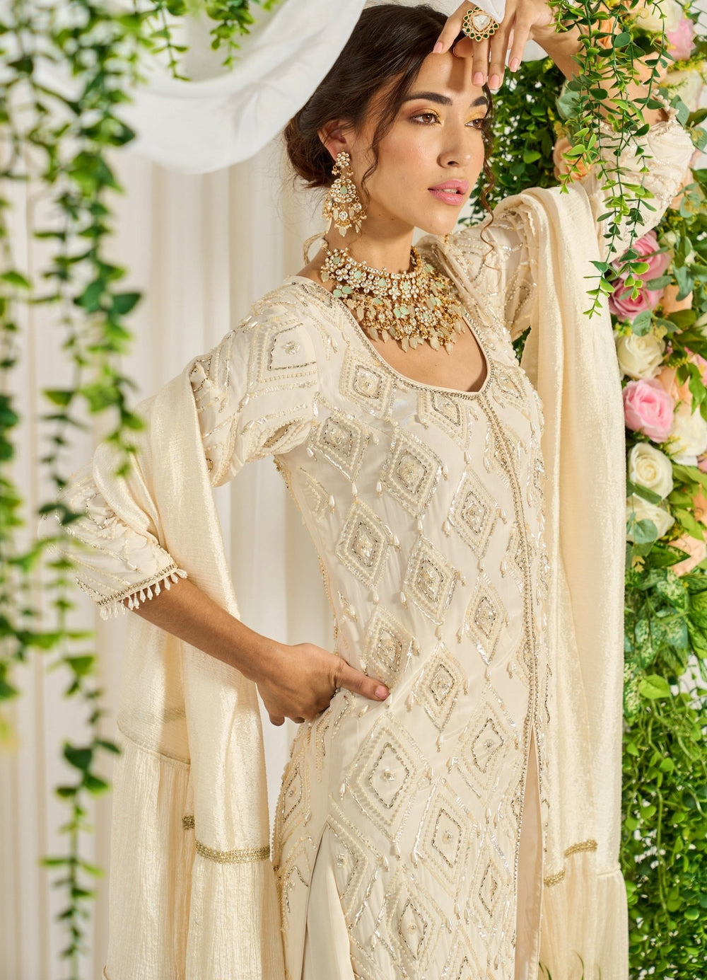Ivory Crepe Lehenga With Embellished Kurta And Dupatta Nidhika Shekhar - Fabilicious Fashion