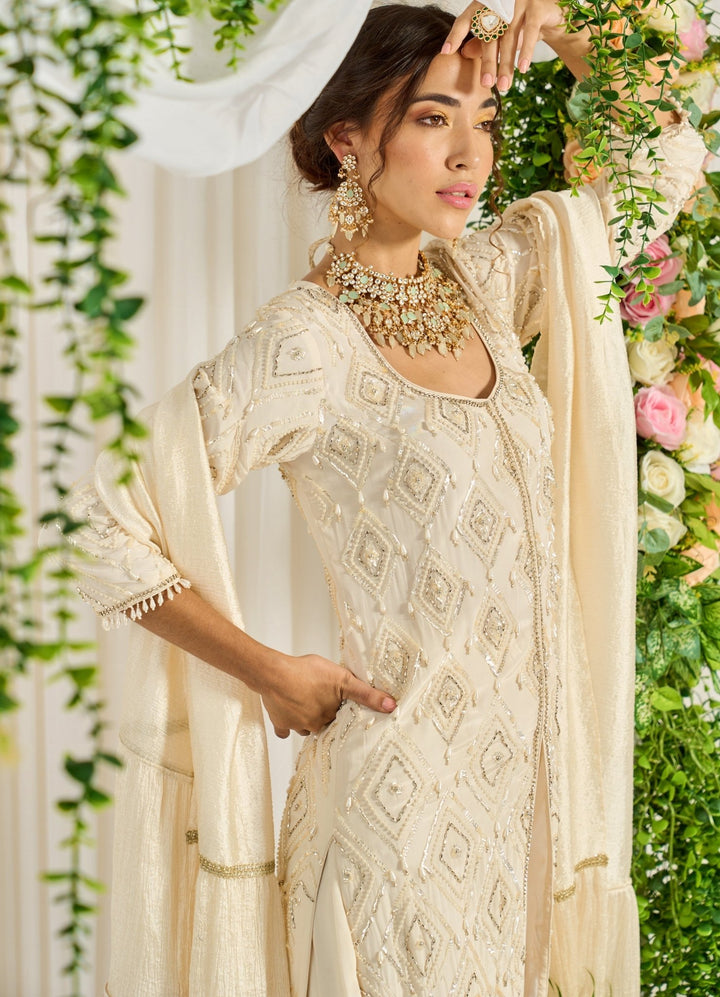Ivory Crepe Lehenga With Embellished Kurta And Dupatta Nidhika Shekhar - Fabilicious Fashion