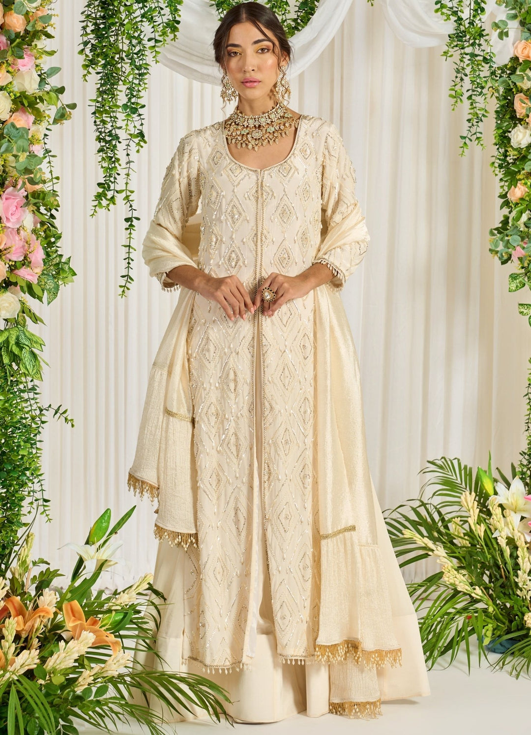 Ivory Crepe Lehenga With Embellished Kurta And Dupatta Nidhika Shekhar - Fabilicious Fashion
