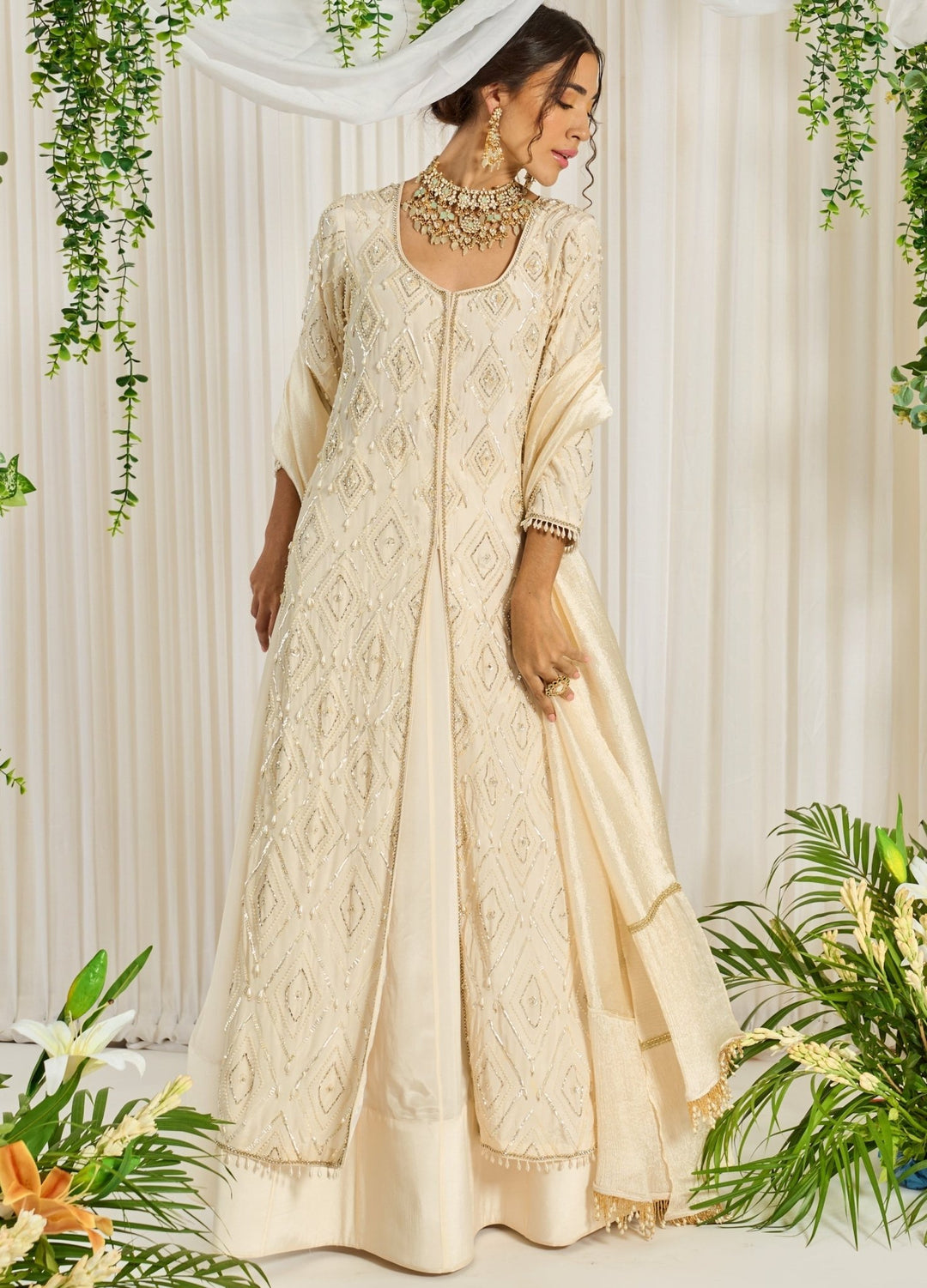 Ivory Crepe Lehenga With Embellished Kurta And Dupatta Nidhika Shekhar - Fabilicious Fashion