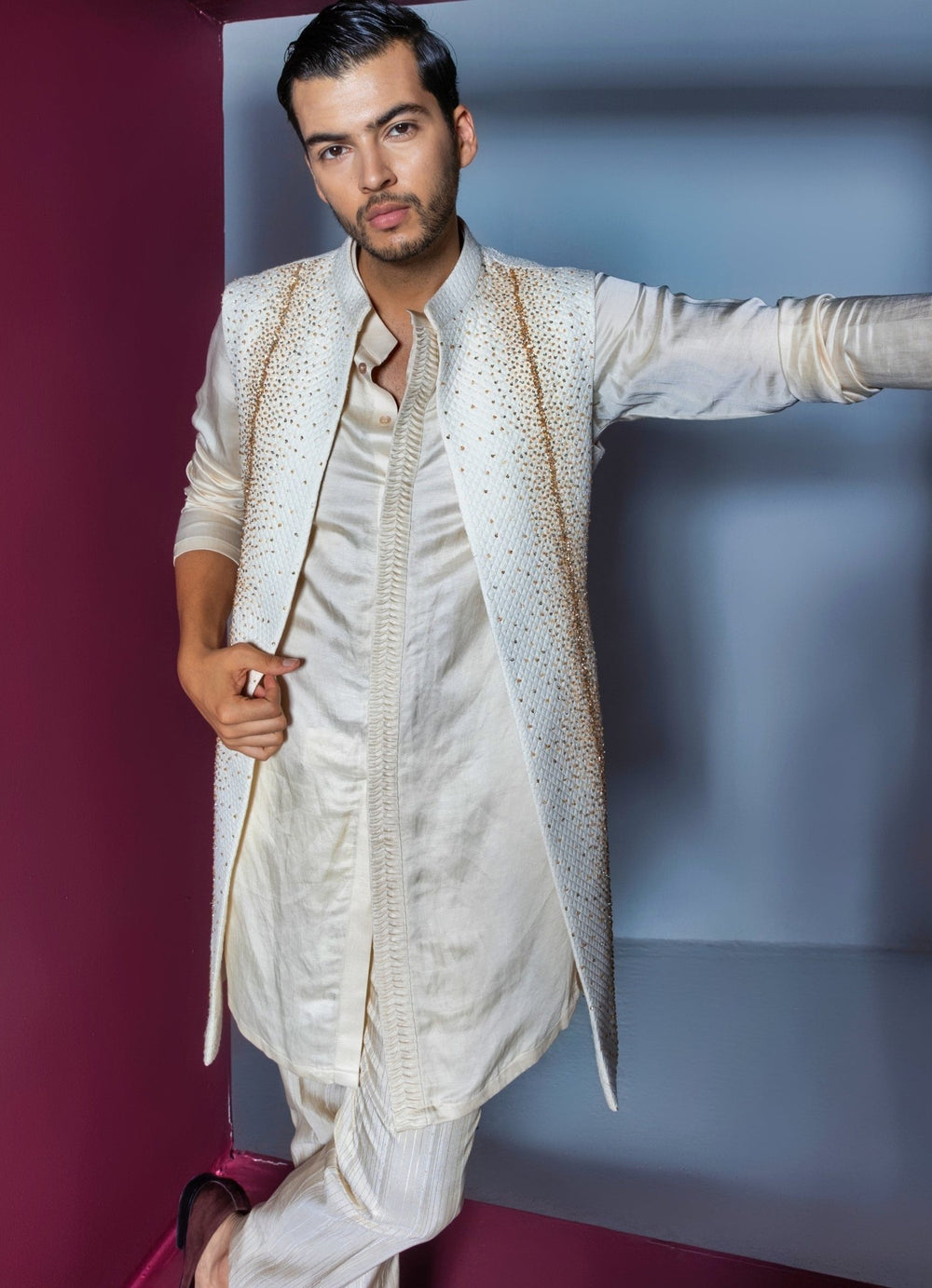 Ivory Crystal Embellished Shrug Set Contrast By Parth - Fabilicious Fashion