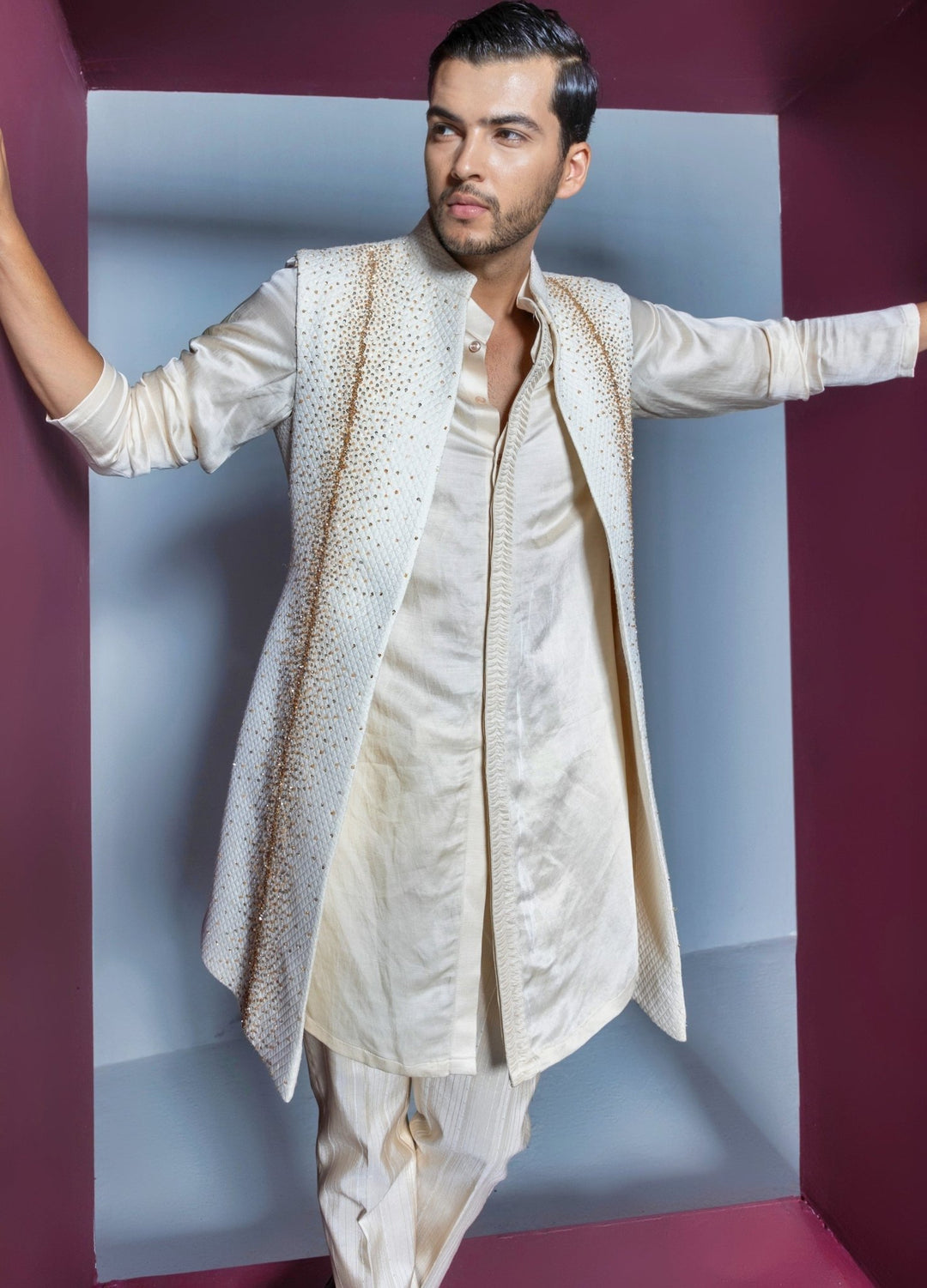 Ivory Crystal Embellished Shrug Set Contrast By Parth - Fabilicious Fashion