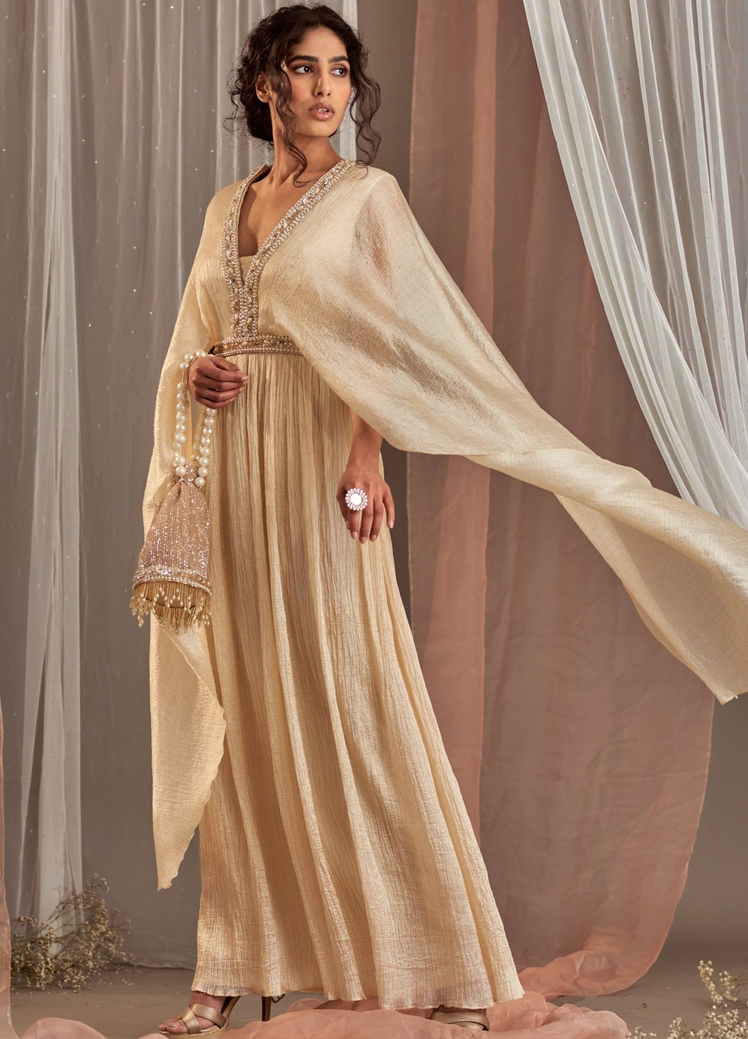 Ivory Draped Silk Gown With Long Flared Sleeves Nidhika Shekhar - Fabilicious Fashion