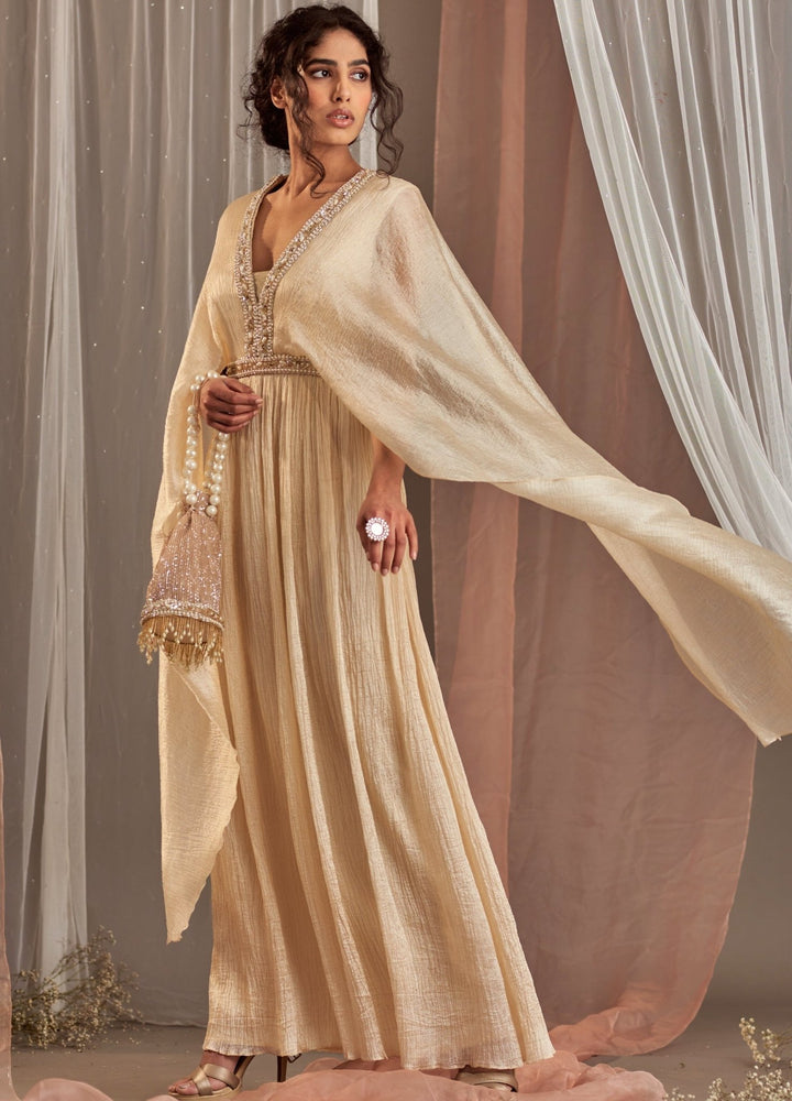 Ivory Draped Silk Gown With Long Flared Sleeves Nidhika Shekhar - Fabilicious Fashion