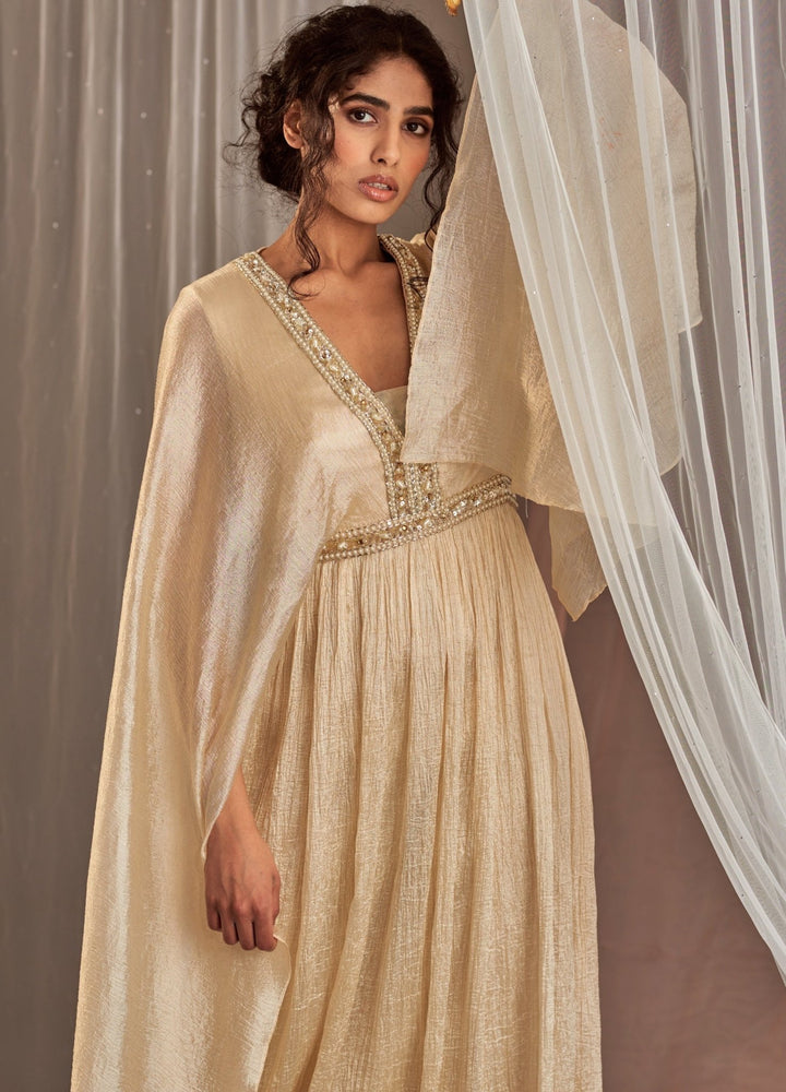 Ivory Draped Silk Gown With Long Flared Sleeves Nidhika Shekhar - Fabilicious Fashion