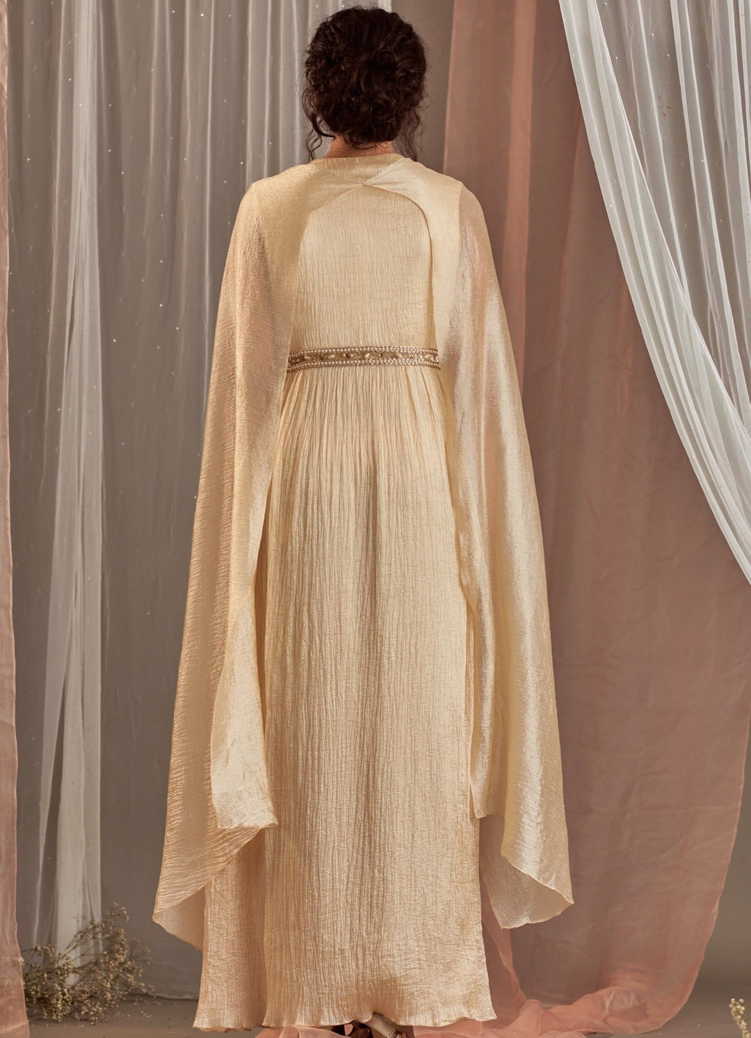 Ivory Draped Silk Gown With Long Flared Sleeves Nidhika Shekhar - Fabilicious Fashion