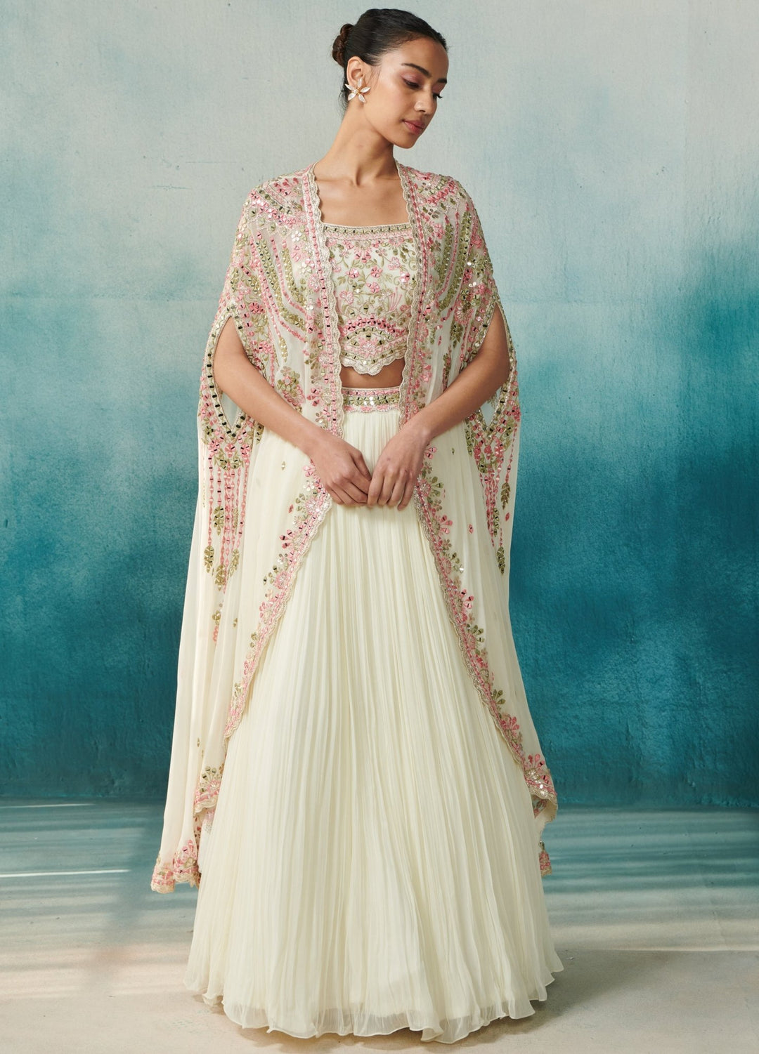 Ivory Embellished Georgette Cape Set With Lehenga Suhino - Fabilicious Fashion