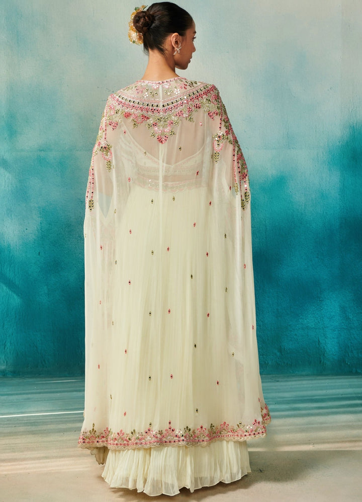 Ivory Embellished Georgette Cape Set With Lehenga Suhino - Fabilicious Fashion