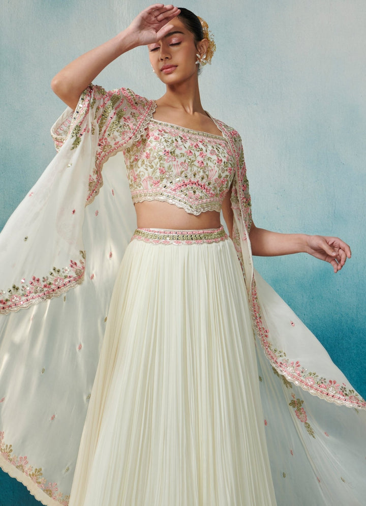 Ivory Embellished Georgette Cape Set With Lehenga Suhino - Fabilicious Fashion