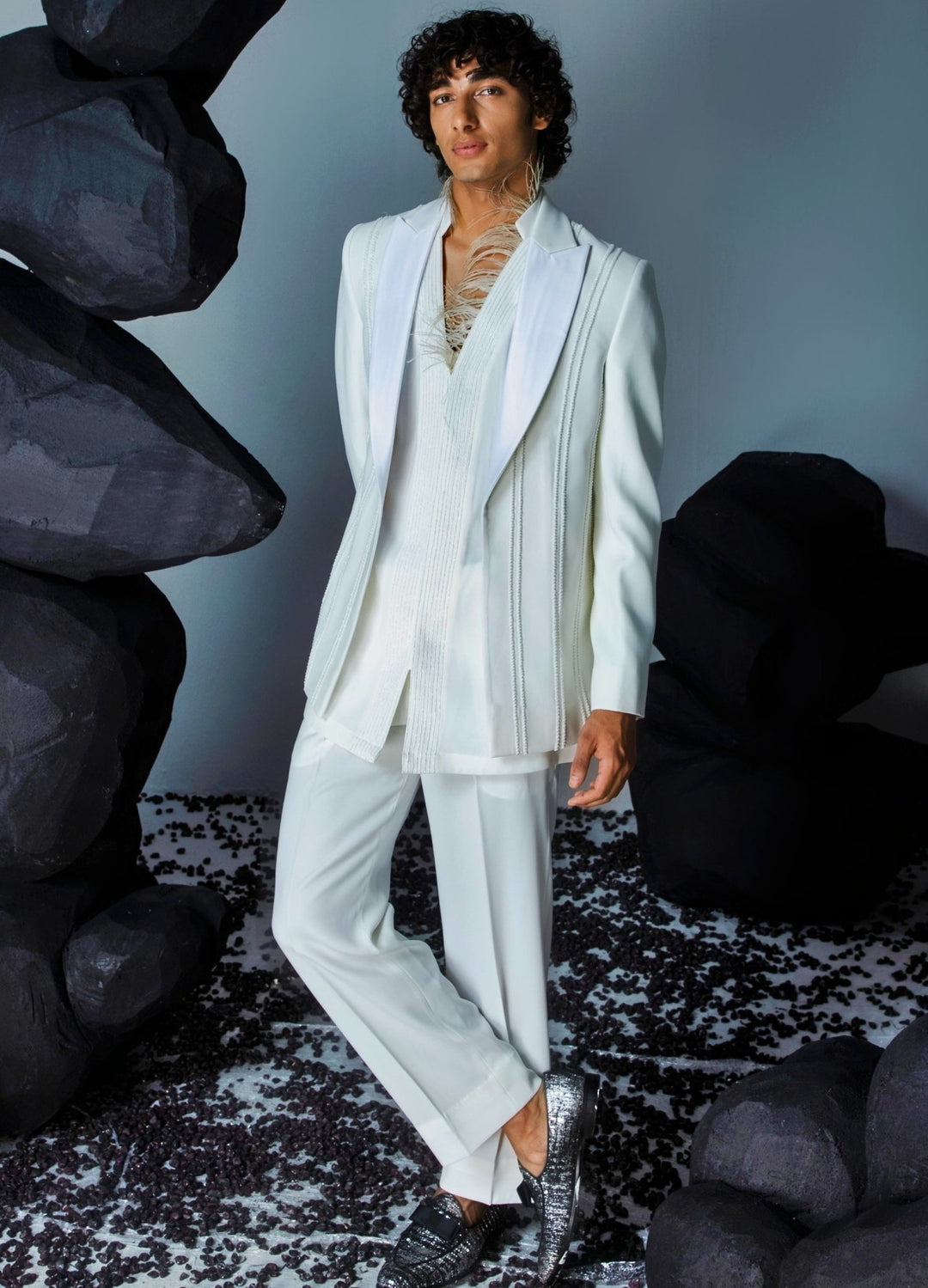 Ivory Embellished Jacket Set With Straight Cut Pant Contrast By Parth - Fabilicious Fashion