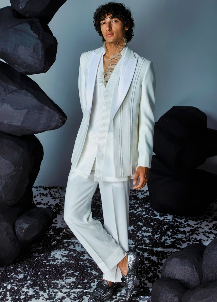 Ivory Embellished Jacket Set With Straight Cut Pant Contrast By Parth - Fabilicious Fashion