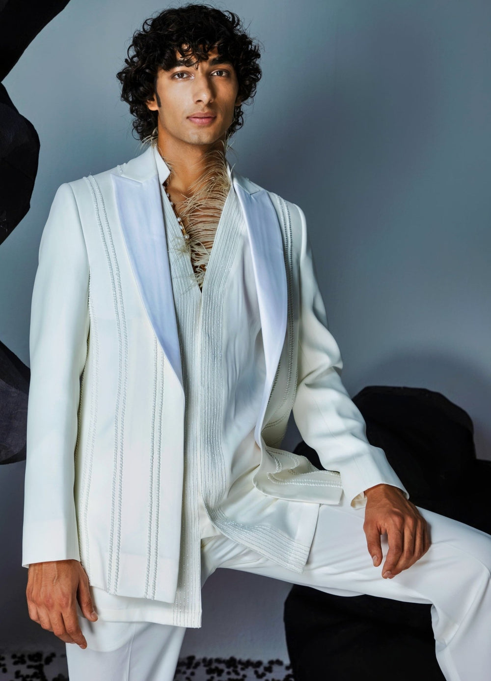Ivory Embellished Jacket Set With Straight Cut Pant Contrast By Parth - Fabilicious Fashion