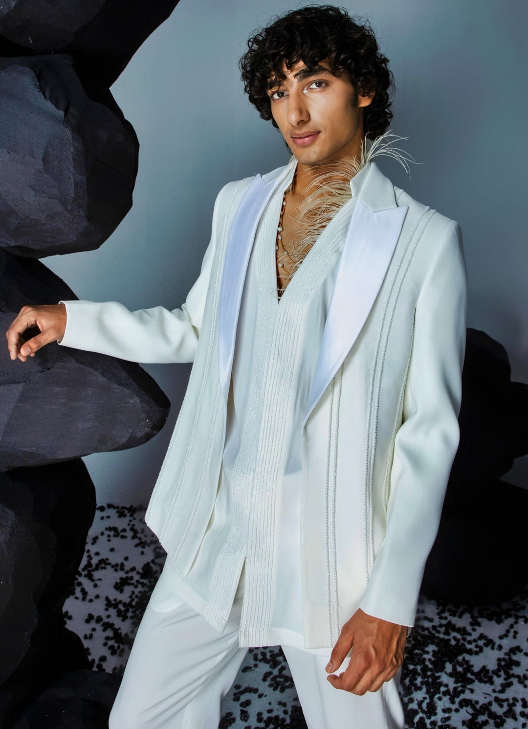 Ivory Embellished Jacket Set With Straight Cut Pant Contrast By Parth - Fabilicious Fashion