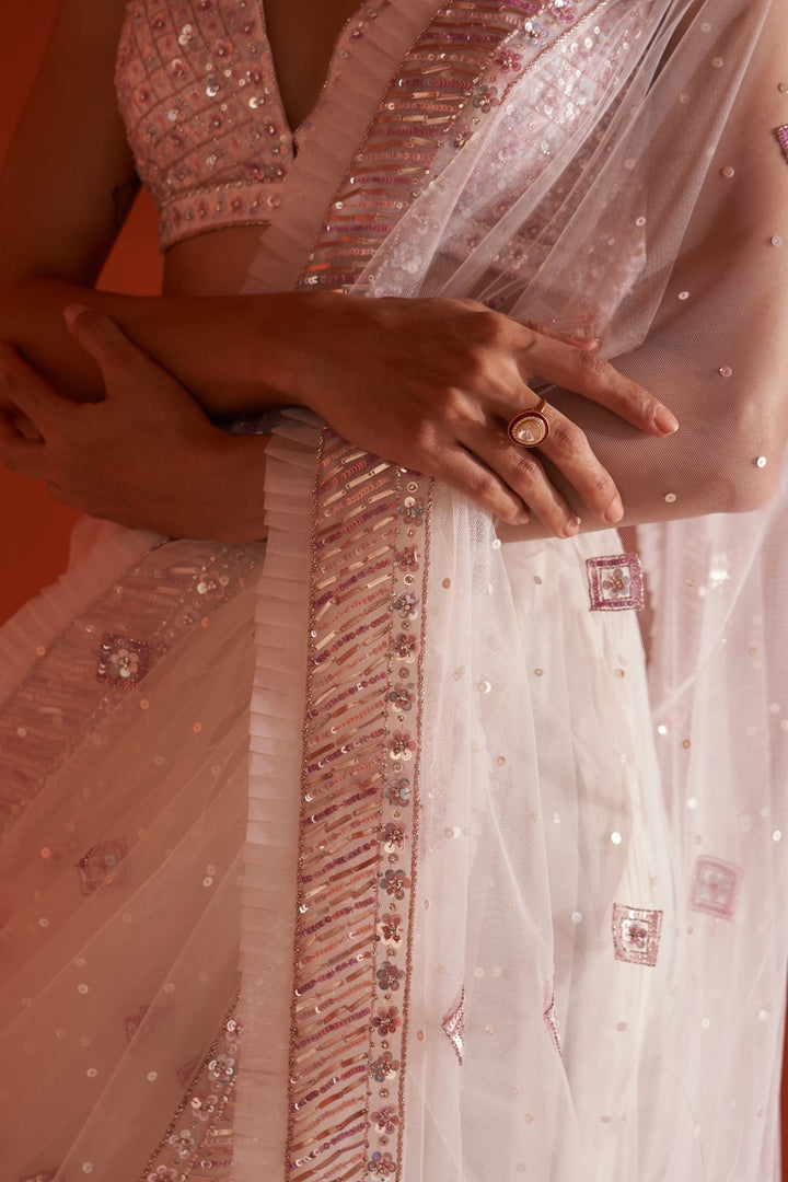 Ivory Embellished Net Saree Set With Frill Border Angad Singh - Fabilicious Fashion