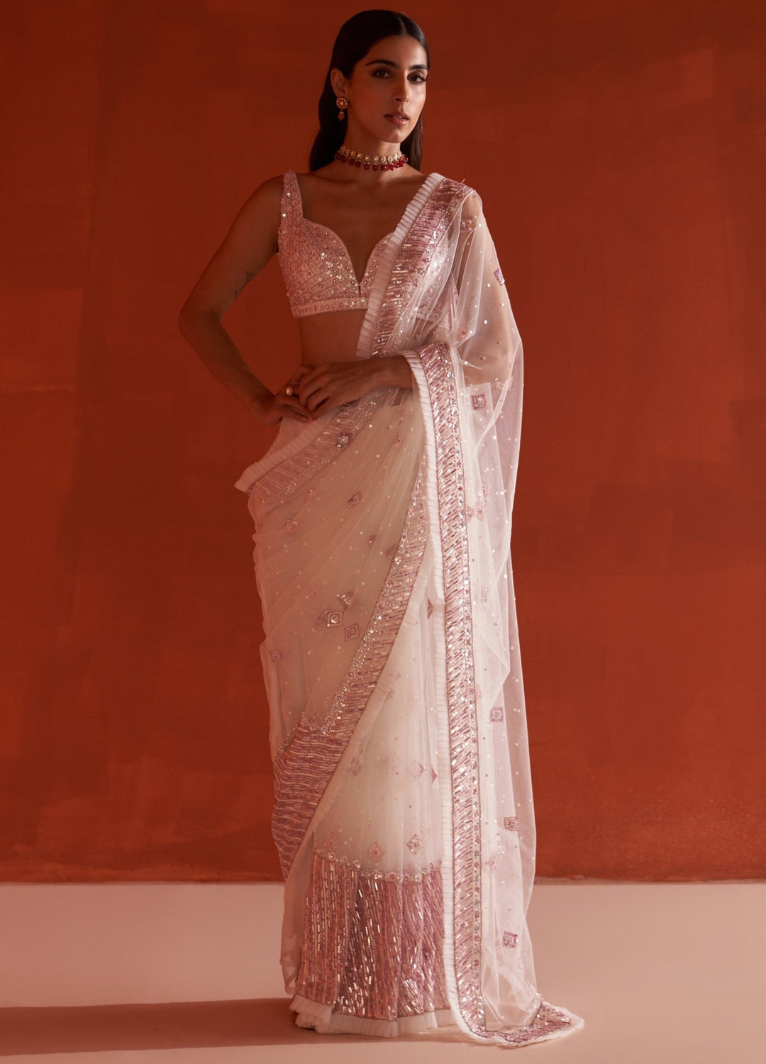 Ivory Embellished Net Saree Set With Frill Border Angad Singh - Fabilicious Fashion