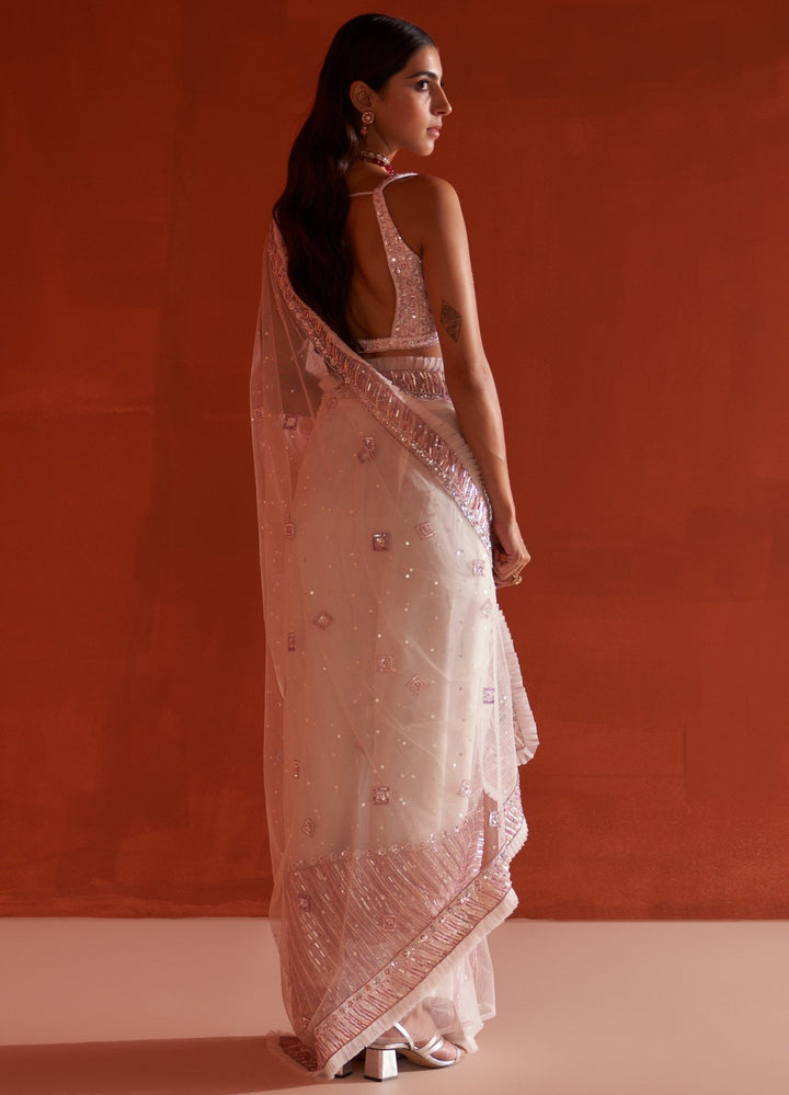 Ivory Embellished Net Saree Set With Frill Border Angad Singh - Fabilicious Fashion