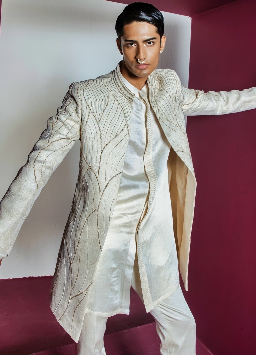 Ivory Embellished Open Sherwani Set With Pants Contrast By Parth - Fabilicious Fashion