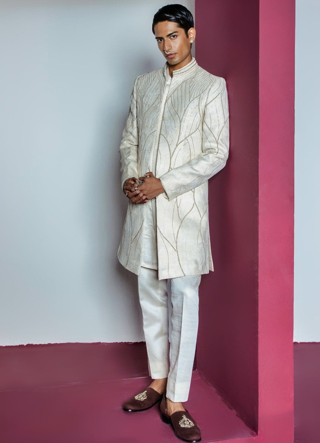 Ivory Embellished Open Sherwani Set With Pants Contrast By Parth - Fabilicious Fashion