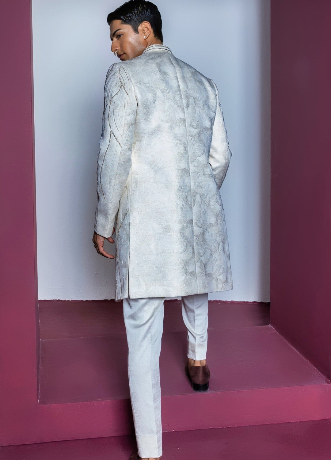 Ivory Embellished Open Sherwani Set With Pants Contrast By Parth - Fabilicious Fashion
